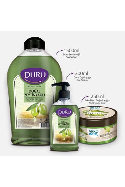 Duru Olive Oil Liquid Soap 1.5lt+300ml And Arko Moisture Precious Oils Olive Oil Cream 250ml