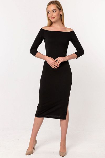 Laranor Black Madonna Collar Slit Detail Scuba Crepe Dress