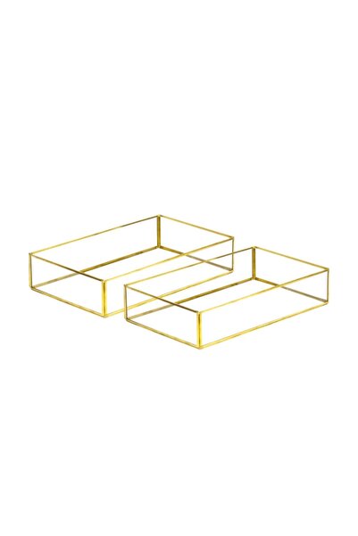 Ahşap Fikir Dikdörtgen Gold Nişan Sunum Tepsi 2li Set