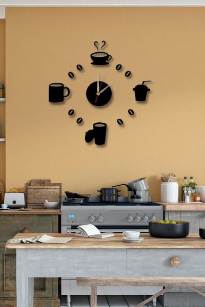 NT Handmade Siyah Ahşap Kahve Çay Fincan Duvar Saati - Mutfak Cafe Kahve Köşe...
