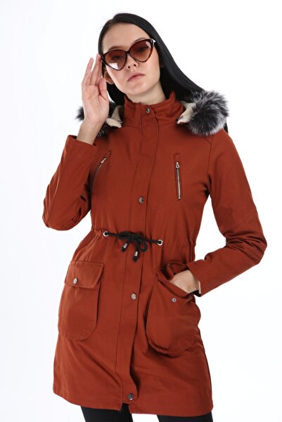 KMK Kadın Içi Yünlü Kapsonyu Kürklü Kanvars Keten Mont & Kaban