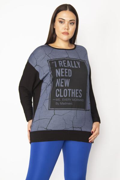 Şans Women's Large Size Black Bat Sleeve Front Detailed Tunic 65n29491