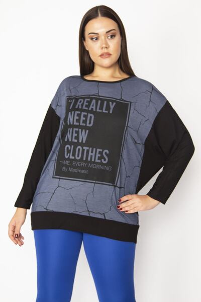 Şans Women's Large Size Black Bat Sleeve Front Detailed Tunic 65n29491