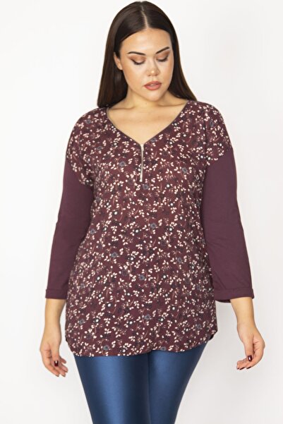 Şans Women's Large Size Plum Front Patterned Zipper Placket Capri Sleeve Blouse 65n34386