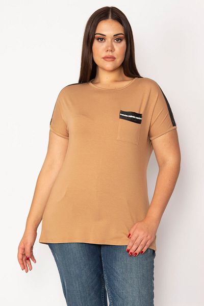 Şans Women's Large Size Beige Shoulder and Pocket Neck Stone Detailed Viscose Blouse 65n29286