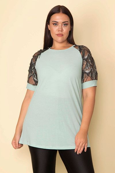 Şans Women's Large Size Green Sleeves Tulle Sequin Detailed Blouse 65n28746