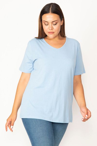 Şans Women's Large Size Blue Cotton Fabric V-Neck Short Sleeve Blouse 65n29546