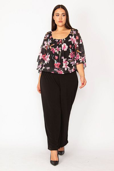 Şans Women's Large Size Black Chiffon Cape Palazzo Cut Jumpsuit 65n28945