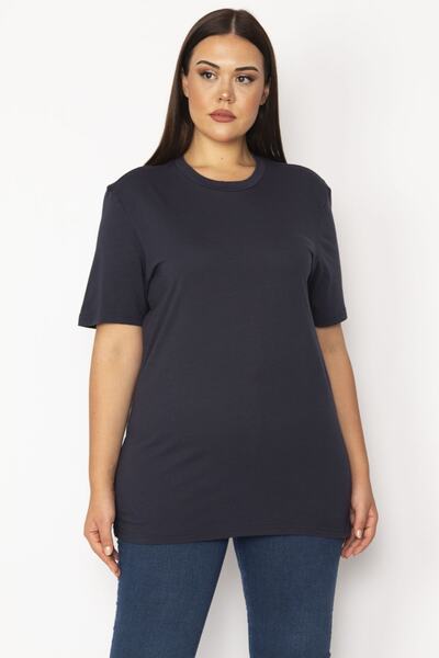 Şans Granatowa, podstawowa bluzka damska plus size z okrągłym dekoltem 65n29140