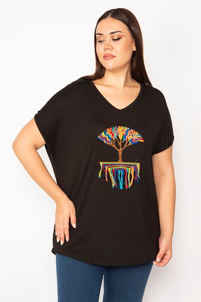 Şans Women's Large Size Black Embroidery Detailed Low Sleeve Viscose Blouse 65n29506