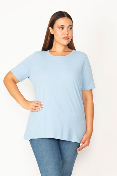 Şans Women's Large Size Blue Cotton Fabric Crew Neck Short Sleeve Blouse 65n29545