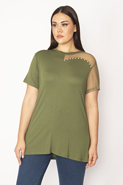 Şans Damska bluzka khaki z tiulem i perłami w dużych rozmiarach 65n35670