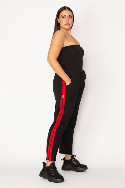 Şans Women's Large Size Black Side Opening Combi Zippered Elastic Waist Trousers 65n29190