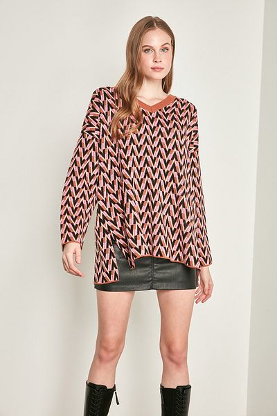 Y-London Braunrosa Jacquard-Strickwaren mit V-Ausschnitt für Damen YL-KZ99946