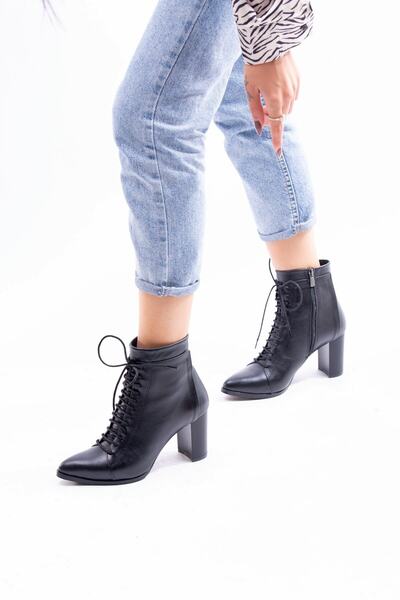 Venüs Hakiki Deri Bağcık Detaylı Fermuarlı Siyah Kadın