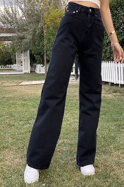 Trn JNS Pantaloni Palazzo cu blugi largi din Lycra neagră cu talie super înaltă. (SUPER ÎNALT.) Picior lat.
