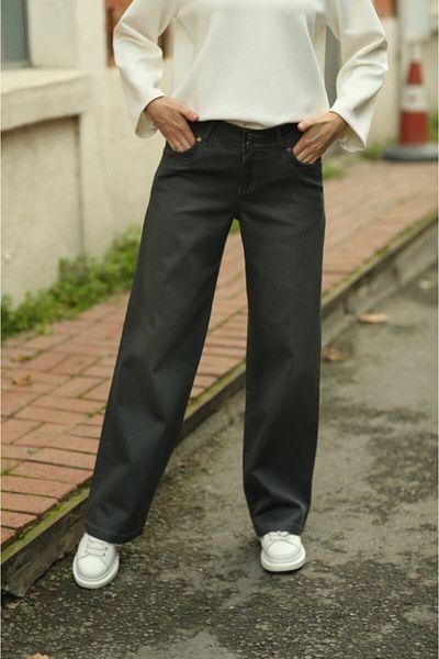 Trn JNS Pantaloni Palazzo cu blugi largi din Lycra neagră cu talie super înaltă. (SUPER ÎNALT.) Picior lat.