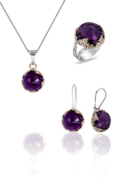 Güçlü Kuyumculuk Kadın Amatist Taşlı Osmanlı Tugra Işlemeli Otantik Gümüş Set...