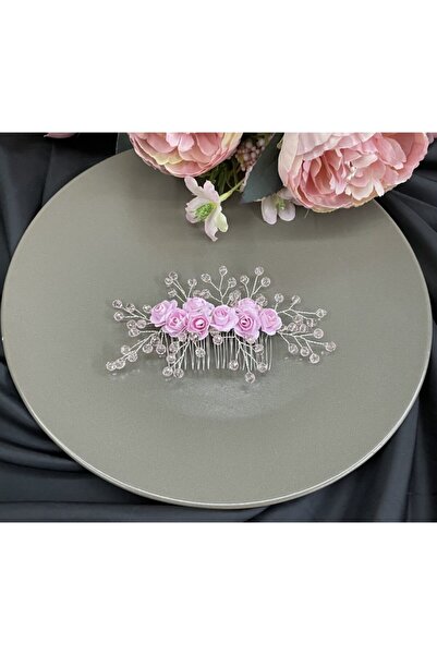 DesaAccessories Pembe Çiçekli Nişan, Düğün, Kına Saç Aksesuarı Taraklı Saç Ak...