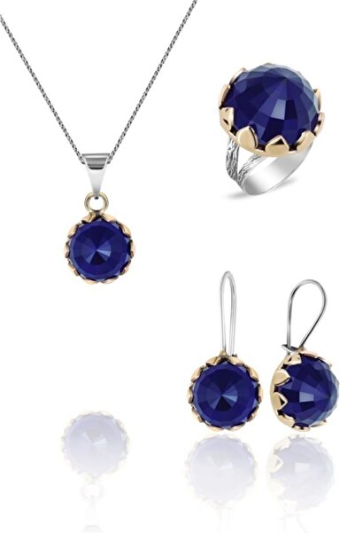 Güçlü Kuyumculuk Kadın Mavi Safir Taşlı Su Damlası Işlemeli Otantik Gümüş Set...