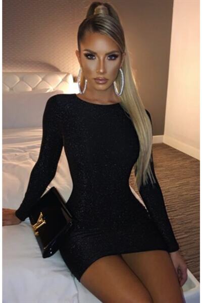 Secret Passion Lingerie Işıltılı Esnek Kumaş Uzun Kollu Siyah Abiye Elbise Siyah Mini Gece Elbisesi