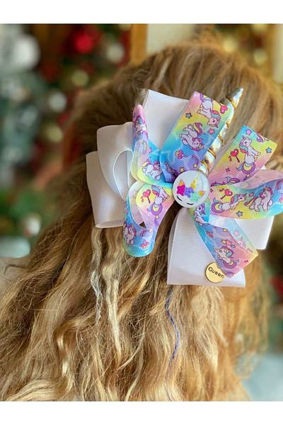 QUEEN AKSESUAR Design Luxury Unicorn Horned Silver White Colorful Rainbow Large Bow Clip Buckle