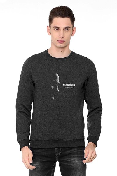 QIVI أتاتورك أفكار لا يموت مطبوعة المدخن أنثراسايت الرجال محبوك البلوز كم طويل