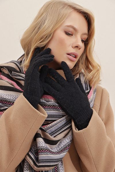 Trend Alaçatı Stili Schwarze, weiche Wollhandschuhe für Damen ALC-A2421