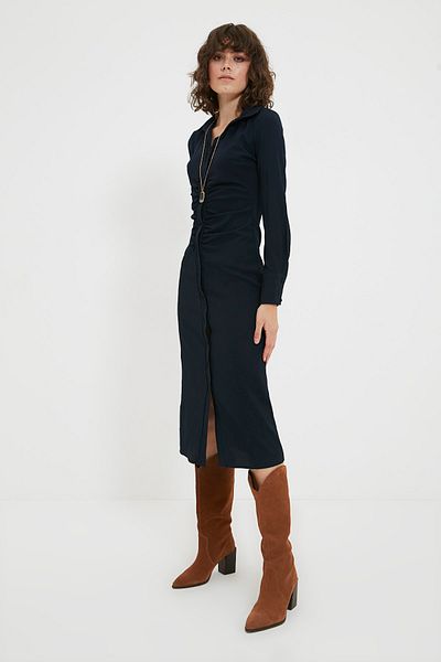 Trendyol Collection Sötétkék Midi Ruffle részletes szövött ruha TWOAW22EL1343