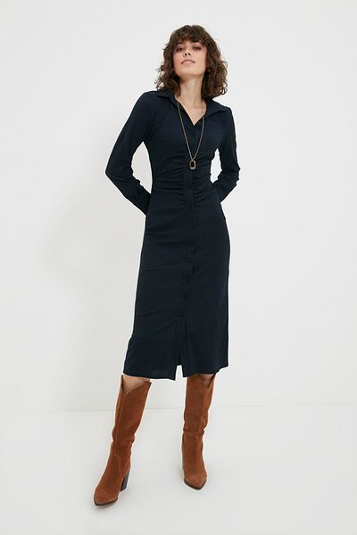 Trendyol Collection Sötétkék Midi Ruffle részletes szövött ruha TWOAW22EL1343
