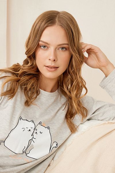 ENNA MODA New Season Love Cat Printed Crew Neck Βαμβακερή Πιτζάμες