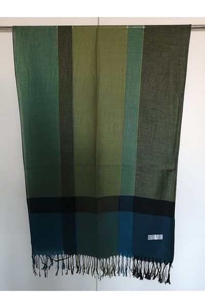Butik Tülin Unisex Authentic Acrylic Green Multicolor Striped Tassel Shawl