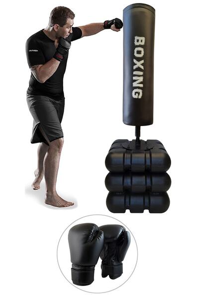 Spor Byfit 178 cm Devrilmez Ayaklı Büyük Boks Vurma Standı + Boks Antrenman Eldiveni 2'li Set