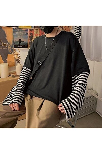 Köstebek Gkn Harajuku Punk Çizgili Kollu Düz Siyah Oversize Unisex Sweatshirt