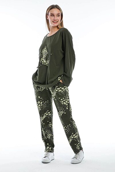 della moor Γυναικείο σετ πιτζάμες με χακί ιταλικό λεοπάρ σχέδιο με χαμηλό μανίκι