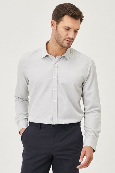 ALTINYILDIZ CLASSICS Ανδρικό πουκάμισο White-Khaki Slim Fit - Classic πέτο, Dobby
