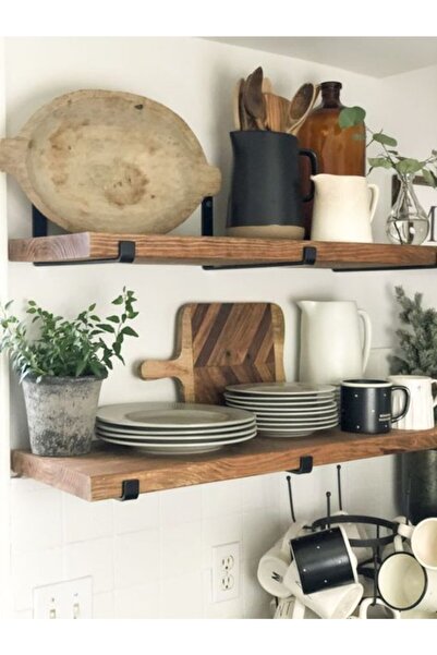 Karadeniz Dizayn Ahşap 2li Ceviz 120x20 Yüks. 40mm Demir Tutacaklı Raf