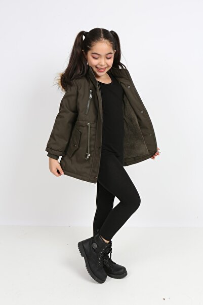 B&T معطف قماش أكسفورد بغطاء رأس قابل للإزالة للفتيات باللون الكاكي