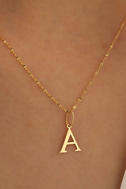 MİLET KUYUMCULUK 14 Ayar Altın Ince Aynalı Zincir A Harfi Plaka Kolye