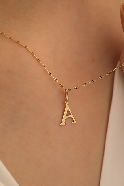 MİLET KUYUMCULUK 14 Ayar Altın Ince Aynalı Zincir A Harfi Plaka Kolye