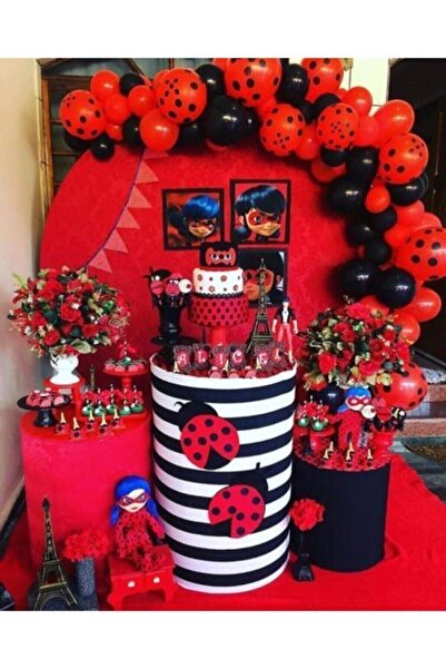 MERİ PARTİ Uğurböceği Konsept Balon Zinciri Kırmızı Siyah Kırmızı Üzeri Siyah...