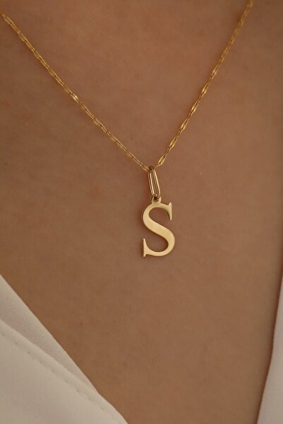 MİLET KUYUMCULUK 14 Ayar Altın Ince Aynalı Zincir S Harfi Plaka Kolye