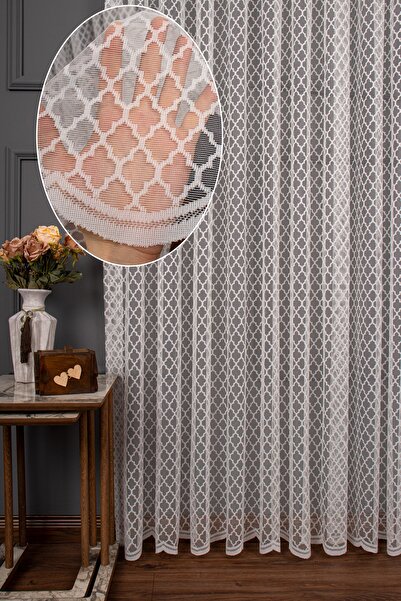 UTKUM EV TEKSTİL ÜRÜNLERİ Geometrik Desen Örme Tül Perde 1/3 Sık Pile 1133