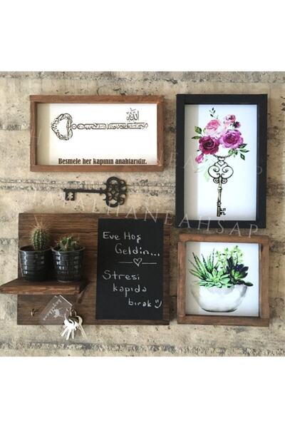 HAYALHANE AHŞAP Anahtarlık Tablo Seti Kapı Girişi Dekoratif Kaktüslü Besmelel...