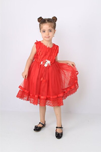 ÖFİ Kids Kız Yapraklı Dantelli Güpürlü Kabarık Tüllü Kırmızı Abiye