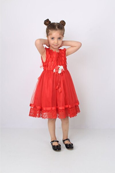 ÖFİ Kids Kız Yapraklı Dantelli Güpürlü Kabarık Tüllü Kırmızı Abiye