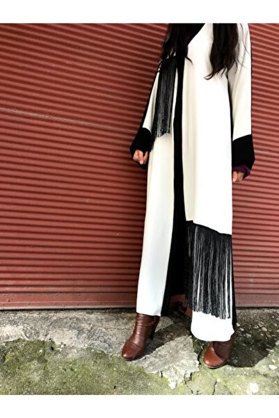 RUHA ŞİFA TESETTUR Püskül Abaya Siyah Beyaz Abaya Hijap