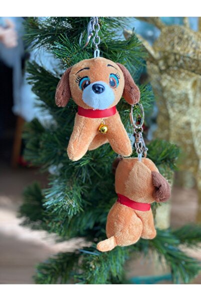 QUEEN AKSESUAR سلسلة مفاتيح من القطيفة اللطيفة على شكل كلب منفوش مع جرس بني ك...