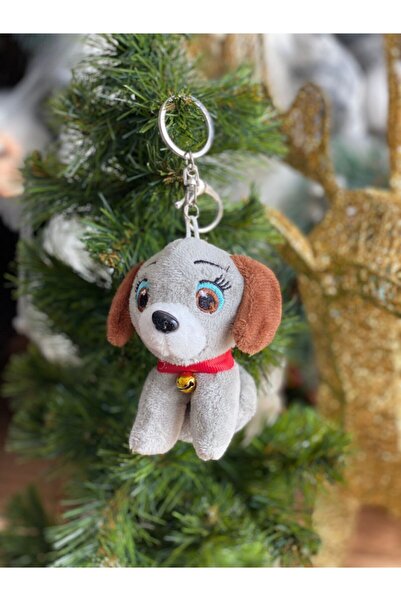 QUEEN AKSESUAR سلسلة مفاتيح من القطيفة اللطيفة على شكل كلب منفوش مع جرس رمادي