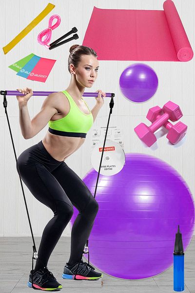 Jet 13-Piece Pilates Set Ball, 3-Piece Pilates Band Tire, Dumbbell Mat, Jump Rope, Pilates Studio Bar